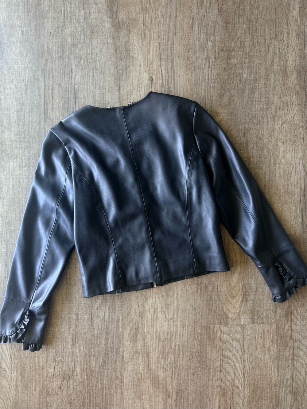Rino & Pelle Womens Black Faux Leather Ruffle-Trim Jacket - Picture 5 of 5